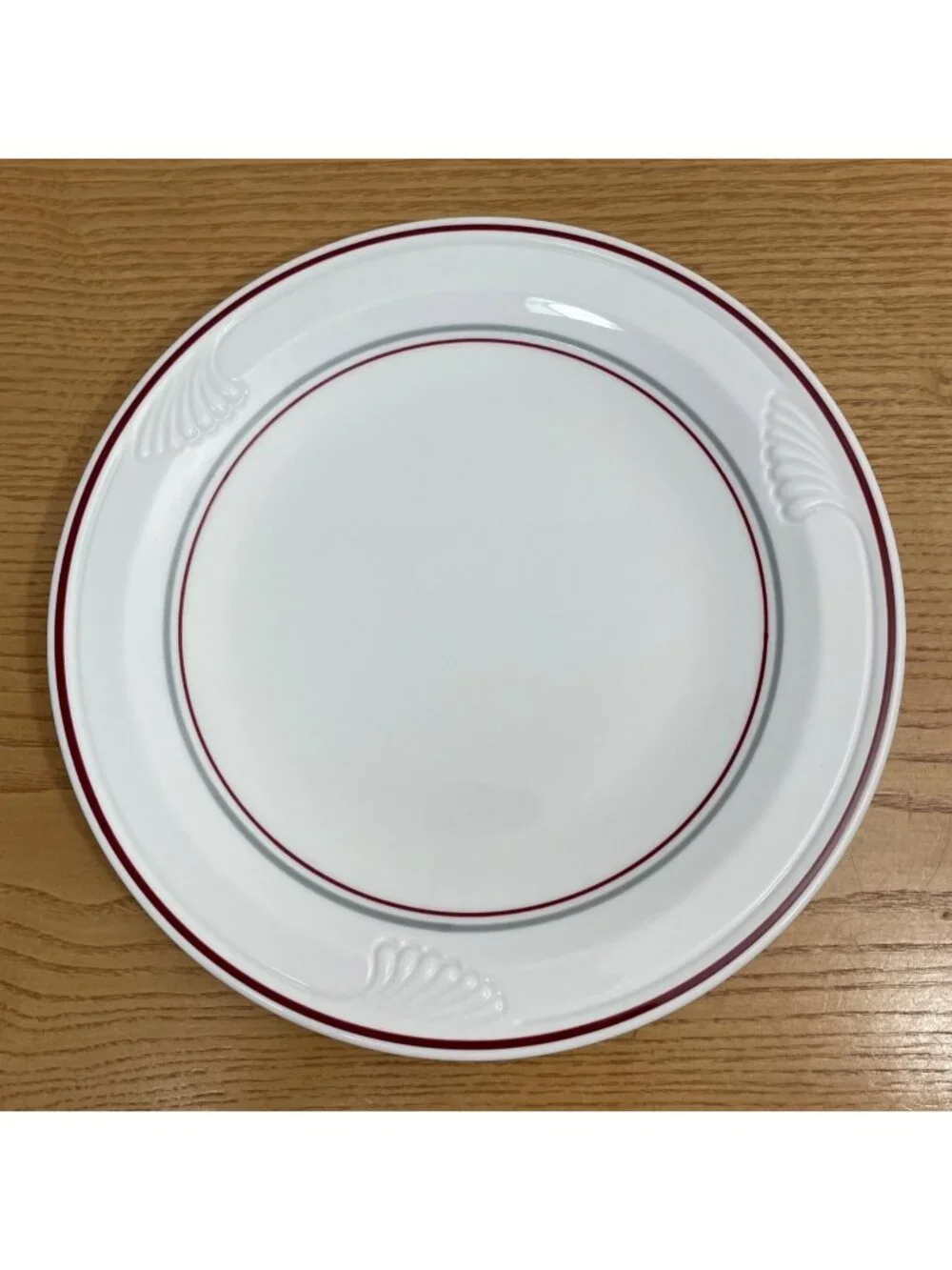 Vtg Corning Pyroceram Red Gray Bands 10-Inch Dinner Plate USA-Made Embossed